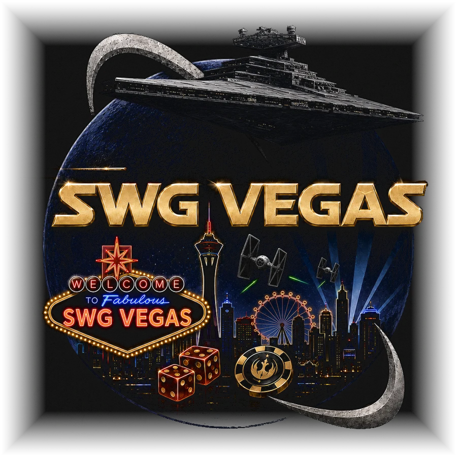 Welcome to Fabulous SWG Vegas. A Star Destroyer over the Vegas strip, gold title lettering, the neon welcome sign, dice, and a casino chip.